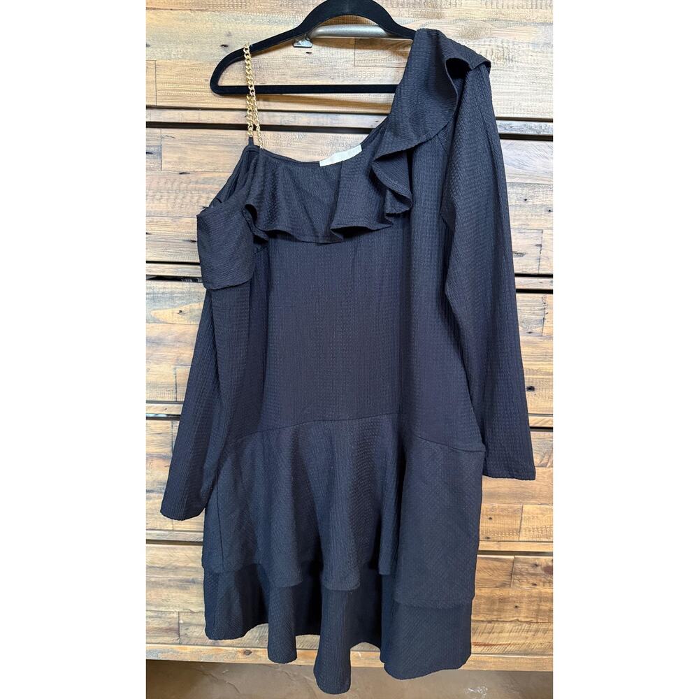 Michael Kors Dress Women's Large One Shoulder Ruffle Chain Detail Long Sleeve